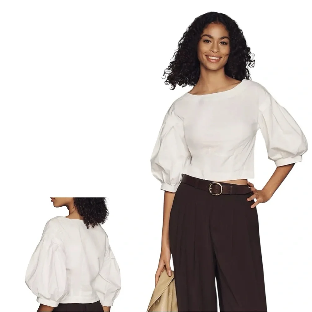 Anthropologie Drop Shoulder Puff Sleeve Blouse Size Large White